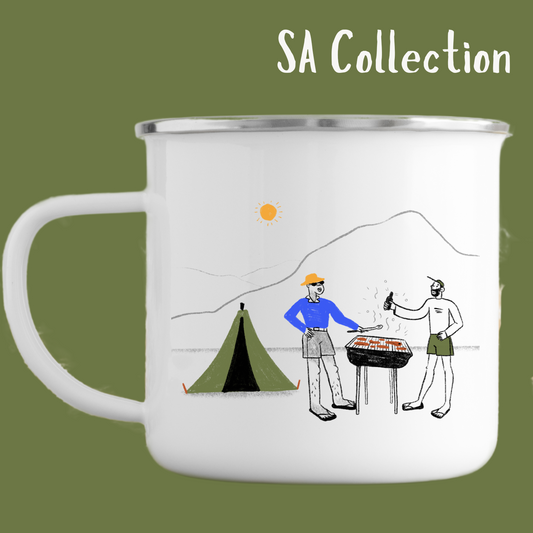 SA Mug Collection â Men Having a Braai While Camping (Enamel Mugs) Just Fun Gifts