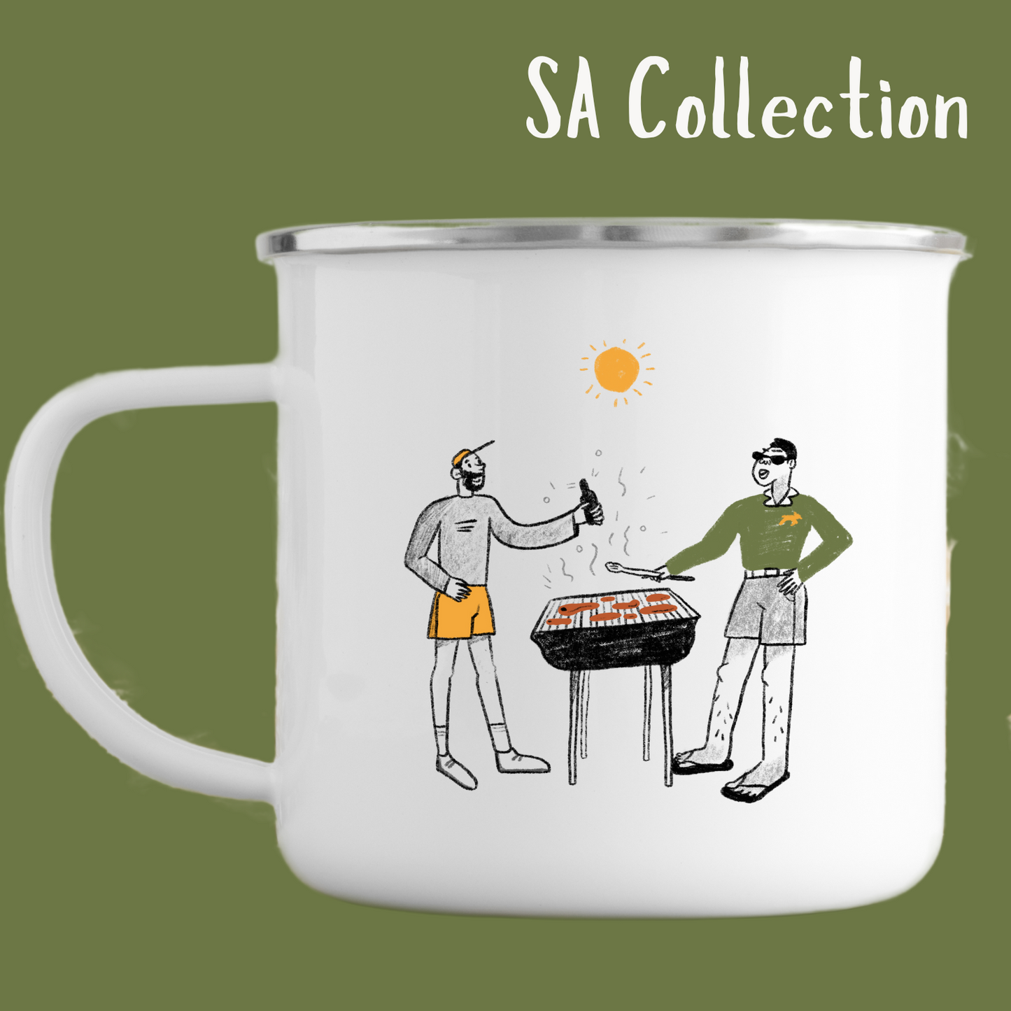 SA Mug Collection – Men Having a Braai illustrated by Crayative (enamel mug) Just Fun Gifts