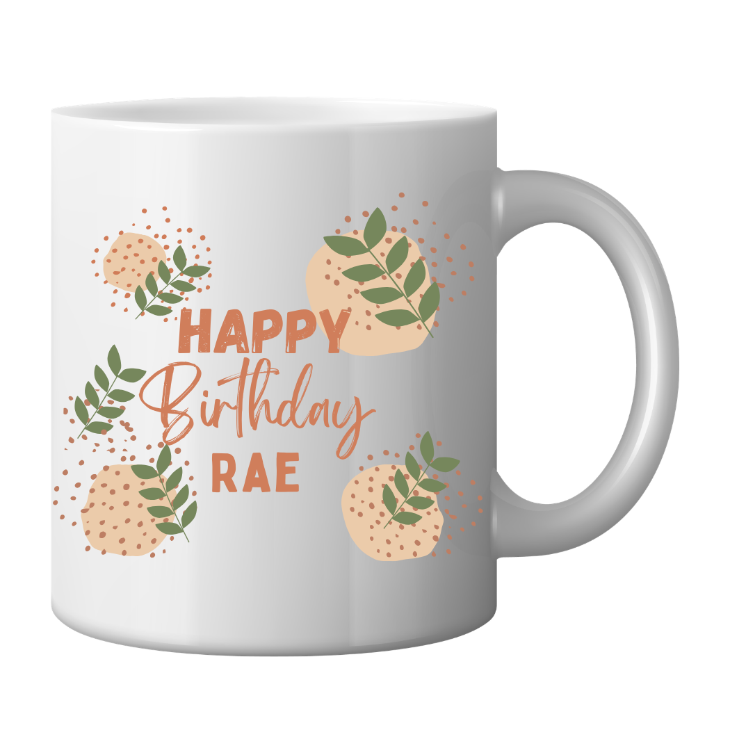 Mug with Pretty Leaf and Pink Design - with personalised message Just Fun Gifts