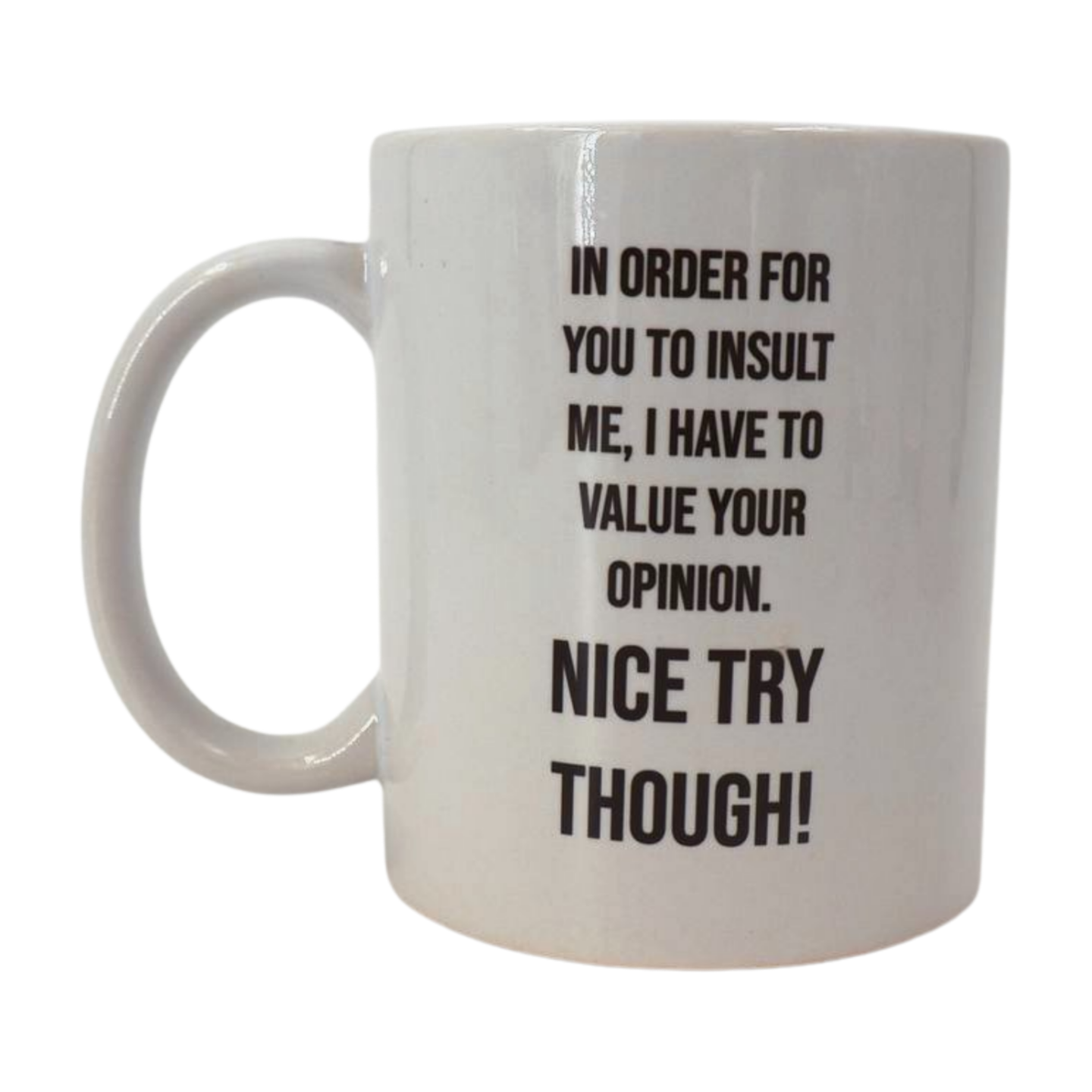 Mug - In order for you to insult me, I have to value your opinion. Nice try though! Mooshimoo