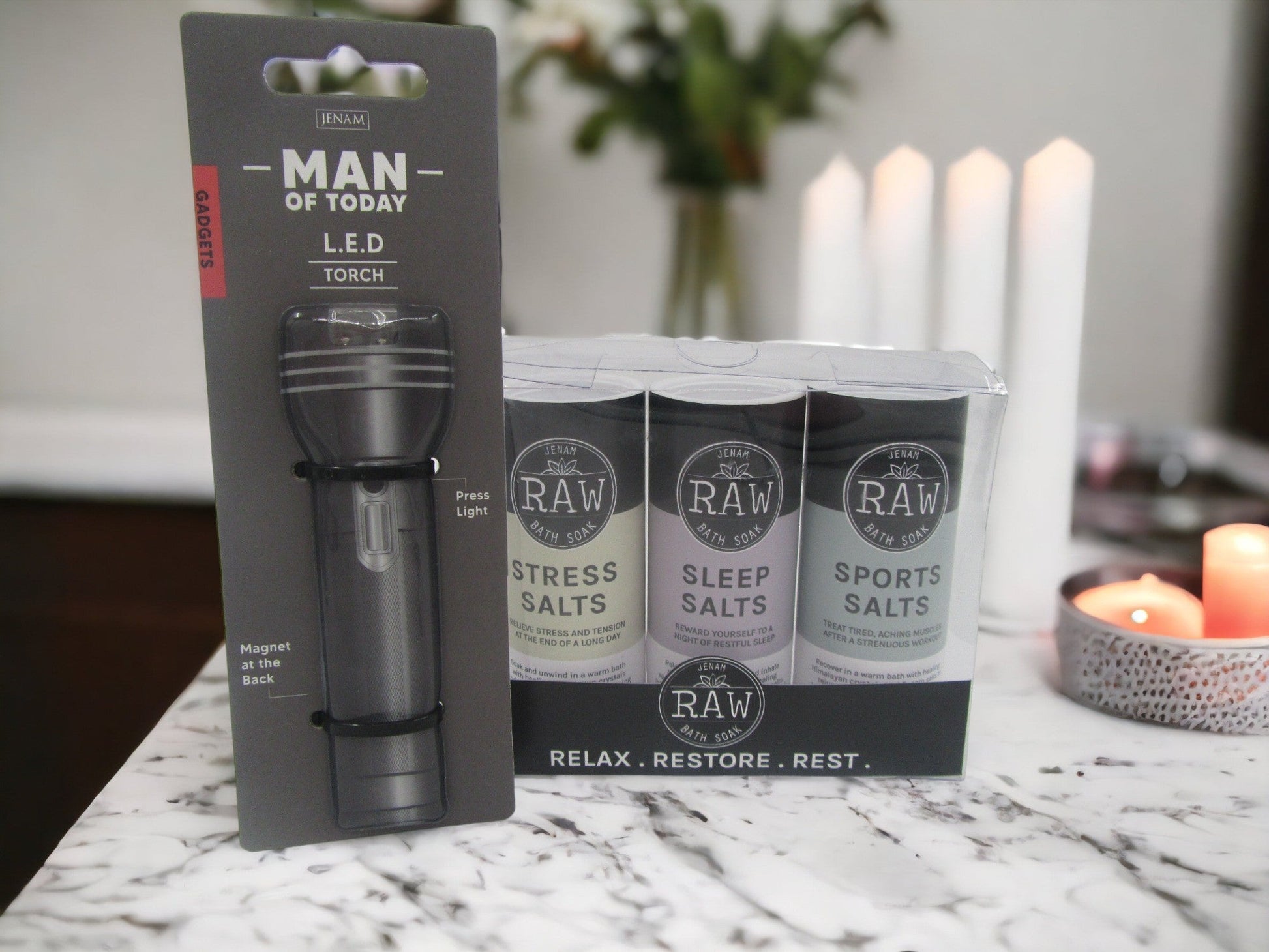 Mens Bath Gift set – Bath Salts and Mini Torch Light Just Fun Gifts