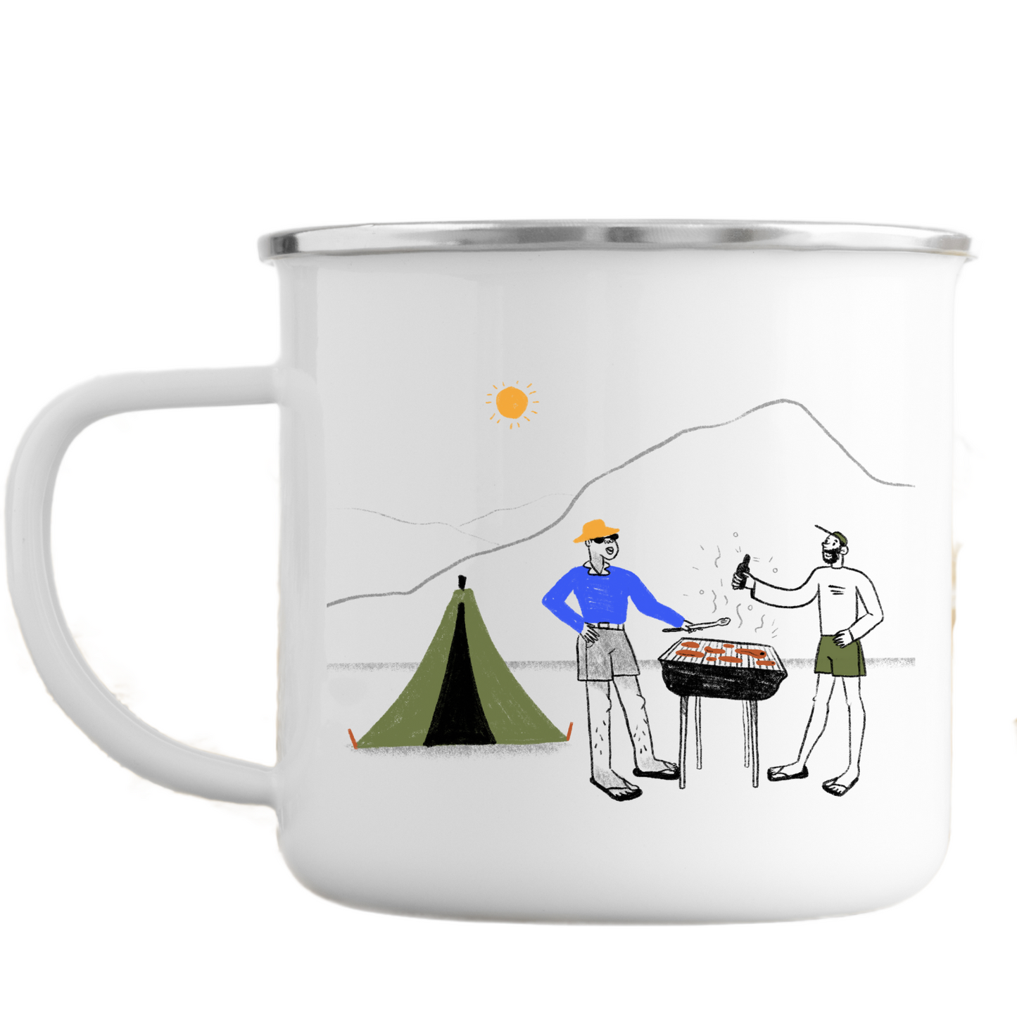 SA Mug Collection – Men Having a Braai While Camping (Enamel Mugs)