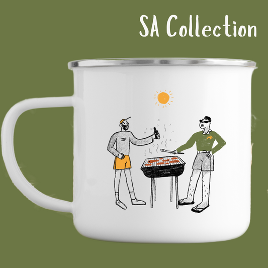 SA Mug Collection – Men Having a Braai illustrated by Crayative (enamel mug)