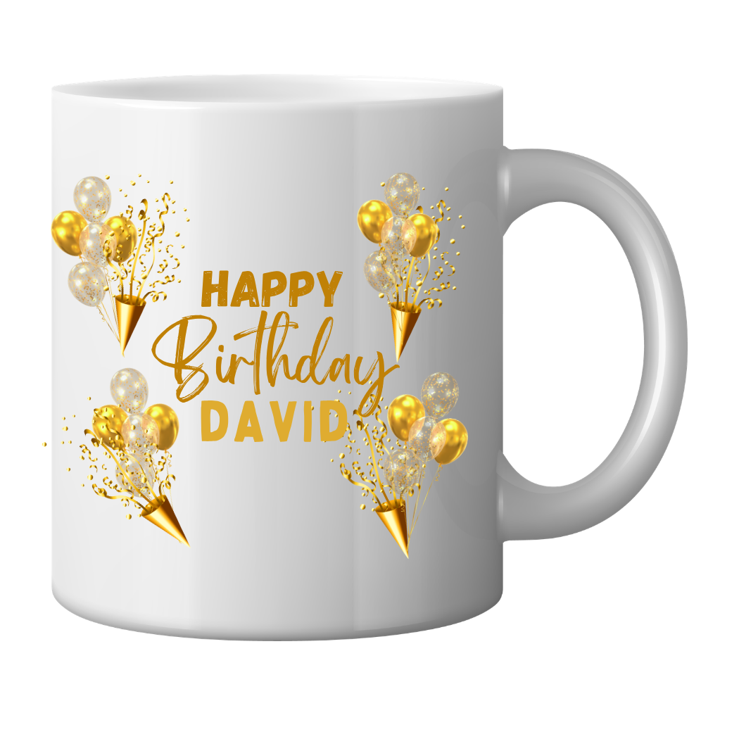 Mug with Gold Balloons and confetti - with personalised message