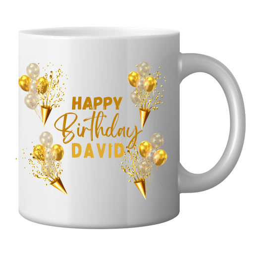 Mug with Gold Balloons and confetti - with personalised message