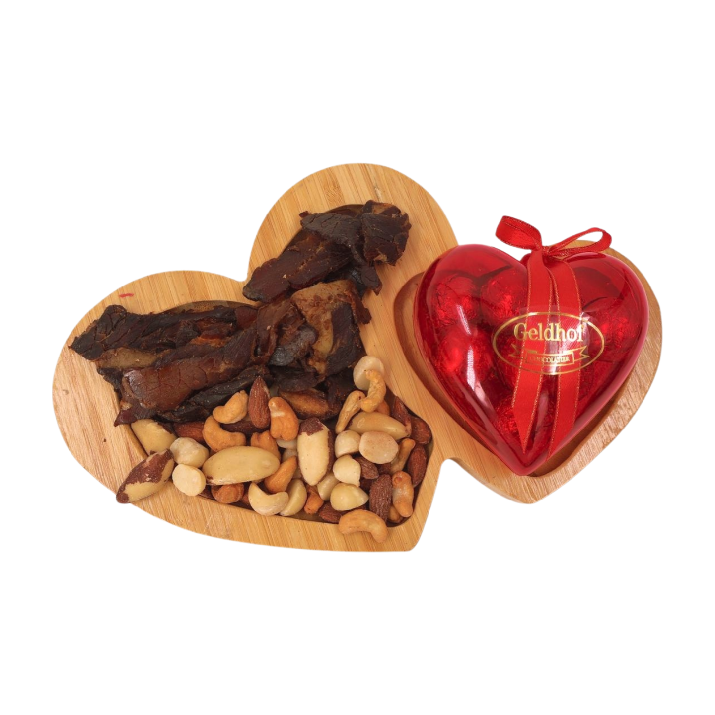 Wooden Heart Board with Biltong, Mixed Tree Nuts and Belgian choccies Just Fun Gifts