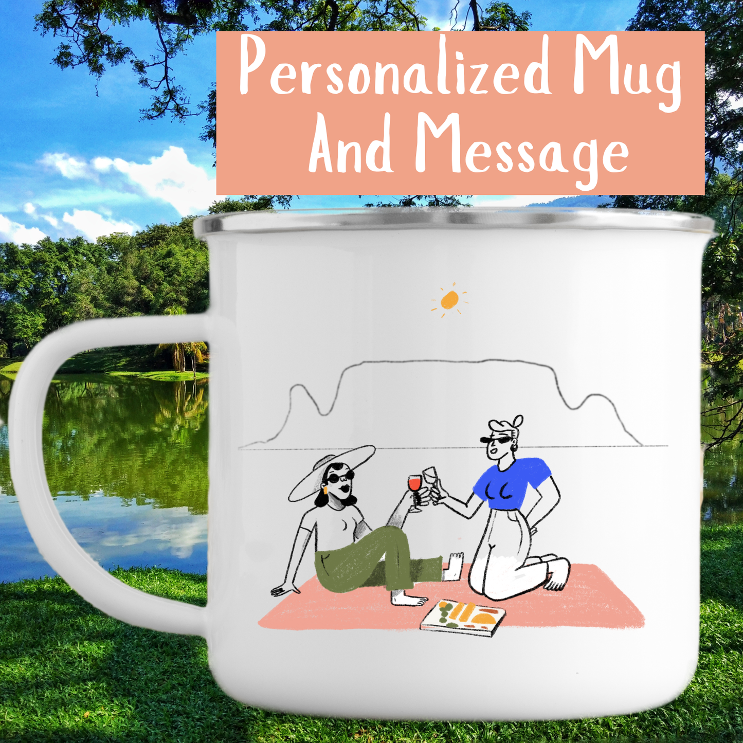 SA Mug Collection – Picnic at Table Mountain add a personal message (enamel mug) Just Fun Gifts