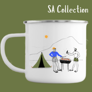 South Africa mug with illustration of men camping and having a braai